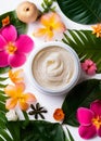 Skincare, beauty, cosmetic and healthcare products made of flowers and plants. Skin cream, oil and body lotion. Flat lay, top