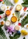Skincare, beauty, cosmetic and healthcare products made of flowers and plants. Skin cream, oil and body lotion. Flat lay, top