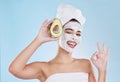 Skincare, beauty and ok sign for avocado face mask with beautiful woman taking care of healthy skin. Organic, fresh and