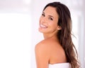 Skincare, beauty and portrait of happy woman in home with mockup, smile and luxury skin treatment. Dermatology