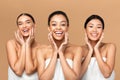 Three Girls Touching Face With Smooth Skin On Beige Background
