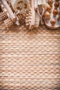 Skincare collection of objects on wicker texture Royalty Free Stock Photo