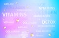 Skincare concept for cosmetic label of cream. Golden bubbles with vitamin letters over blue background.