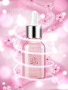 Skincare cosmetic ads, sakura essence on pink bokeh background