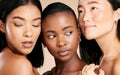 Skincare, cosmetics and diversity, women with beauty and wellness, cropped on studio background. Health, culture and