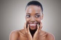Skincare, cosmetics and face of black woman in studio with smile, natural makeup or facial on mockup space. Beauty Royalty Free Stock Photo