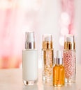 Skincare cosmetics products on glamour background, glass bottles with serum, oil, face cream moisturiser, facial lotion