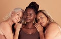 Skincare, diversity and group of mature women with natural body, healthy and glowing skin in studio. Beauty, spa and