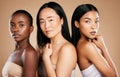 Skincare, diversity, and portrait of multicultural models with salon hair on studio background. Health, wellness and