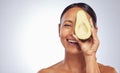 Skincare, face and mature woman with avocado in studio isolated on a white background mockup. Happy, natural fruit and Royalty Free Stock Photo