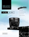 Skincare. Glass cream jar with black lid on black marble plinth. Sky background.