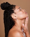 Skincare, hair care and beauty side profile of black woman satisfied with clean braids, facial makeup and natural