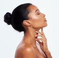 Skincare, makeup and woman with a spa glow isolated on a white background in a studio. Wellness, makeup and cosmetics