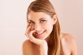 Skincare portrait, studio beauty and happy woman with natural facial cosmetics, mascara and skin collagen for