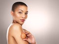 Skincare, portrait and woman with egg in studio for healthy skin, nutrients and vitamin by mockup. Female model, pride