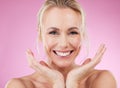 Skincare, portrait of woman with smile, and hands, glowing skin with natural spa makeup in studio. Mockup, advertising