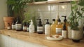 Skincare products, bathroom counter, interior Royalty Free Stock Photo