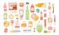 Skincare products organic cosmetics, woman skincare routine icons. Woman beauty set: mascara, lipstick, eye shadows