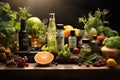 Skincare products set - bottles, candles, vegetables, greens, flowers still life, citrus Eco, Bio, Organic and Environment