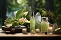 Skincare products set - bottles, candles, vegetables, greens, flowers still life, moisture Eco, Bio, Organic and Environment