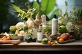 Skincare products set - bottles, candles, vegetables, greens, flowers still life, nature set Eco, Bio, Organic and Environment