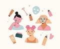 Skincare, routine illustrations with cute girls. Cream, lotion, mask, eye cream and sunscreen bottles