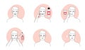 Skincare routine steps of man in bathroom line icon set, guys shave with razor and mousse