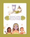 Skincare routine, vector illustration. Face skin treatment products advertisement poster, brochure cover, cosmetics