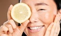 Skincare, smile and portrait of a woman with a lemon for body detox, health and wellness. Vitamin c, food and happy