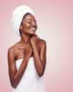 Skincare, towel and happy black woman in studio for cleaning, shower and wellness for beauty. Salon aesthetic Royalty Free Stock Photo