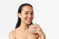 Skincare, women beauty, hygiene and personal care concept. Close-up of beautiful asian girl taking shower naked with Royalty Free Stock Photo