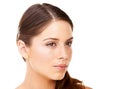 Skincare, woman or thinking in studio for beauty, cosmetic and facial wellness or shine on white background. Person