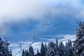 Ski School in the Fog Chairlifts at Snoqualme Pass Washington Royalty Free Stock Photo