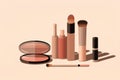 Skinimalism. Set of beauty cosmetics makeup product. Woman make up, brushes, lipstick and poudre. Makeup minimalism concept