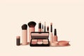 Skinimalism. Set of beauty cosmetics makeup product. Woman make up, brushes, lipstick and poudre. Makeup minimalism concept