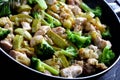 Skinless boneless chicken with vegetables on a pan