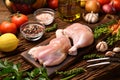 Skinless raw chicken thighs with ingredients for cooking on a wooden cutting board