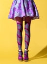Skinny female legs with patterned purple collant