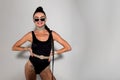 Skinny woman strip. Black lingerie Royalty Free Stock Photo