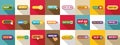Skip ad icons set. Set of various skip ad button icons for web and mobile apps