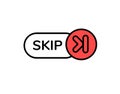 Iconic red skip button with bold lettering and simplistic modern design elements