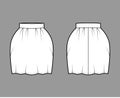 Skirt bell technical fashion illustration with pegged above-the-knee silhouette, pencil fullness, thick waistband. Flat