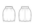 Skirt bell technical fashion illustration with pegged above-the-knee silhouette, pencil fullness, thick waistband. Flat