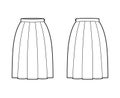 Skirt box pleat technical fashion illustration with below-the-knee silhouette, thin waistband, side zipper. Flat