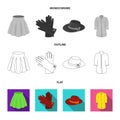 Skirt with folds, leather gloves, women hat with a bow, shirt on the fastener. Women clothing set collection icons in