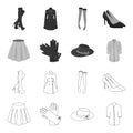 Skirt with folds, leather gloves, women hat with a bow, shirt on the fastener. Women clothing set collection icons in