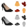 Skirt with folds, leather gloves, women hat with a bow, shirt on the fastener. Women clothing set collection icons in