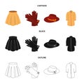 Skirt with folds, leather gloves, women hat with a bow, shirt on the fastener. Women clothing set collection icons in