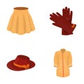 Skirt with folds, leather gloves, women`s hat with a bow, shirt on the fastener. Women`s clothing set collection icons