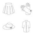 Skirt with folds, leather gloves, women`s hat with a bow, shirt on the fastener. Women`s clothing set collection icons